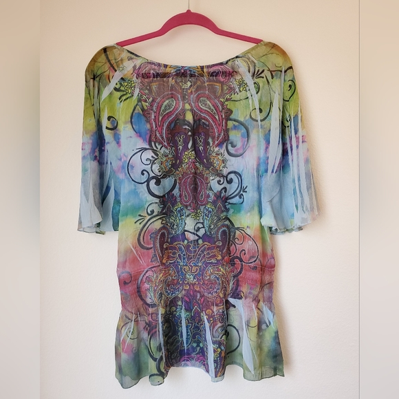 APT 9 Colorful Sheer Voile Blouse with Flutter Sleeves - Picture 6 of 6